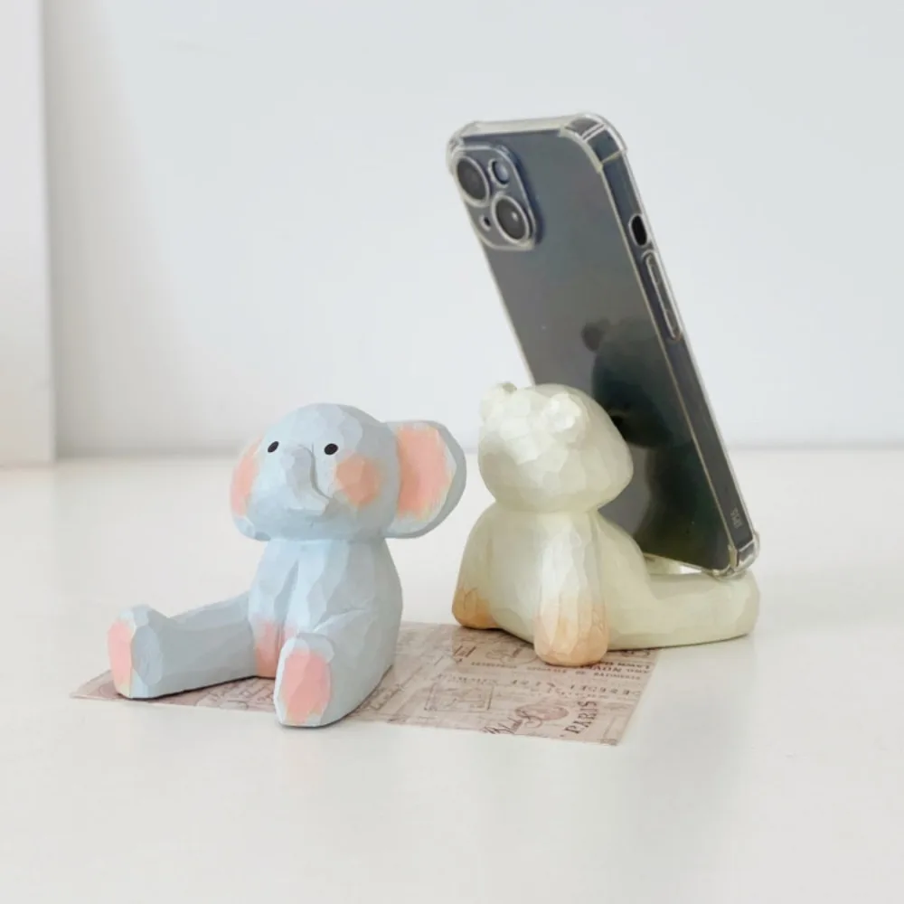 Woodcarving Creative Phone Holder Animal Figure Bear Mobile Phone Stand Cartoon Model Doll Cell Phone Bracket Desktop Ornaments