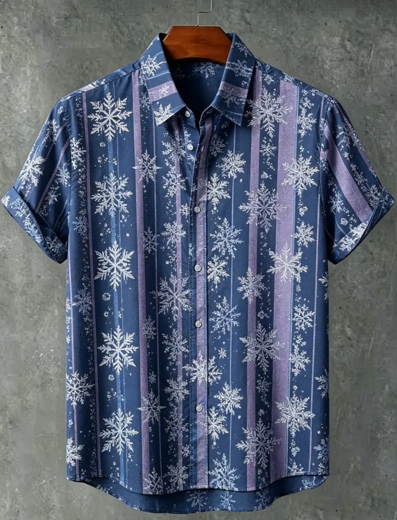 Fresh Forest Vertical Stripe Plant Flower Printed Short Sleeve Shirt for Men's Summer Thin and Loose Hawaiian Vacation Shirt