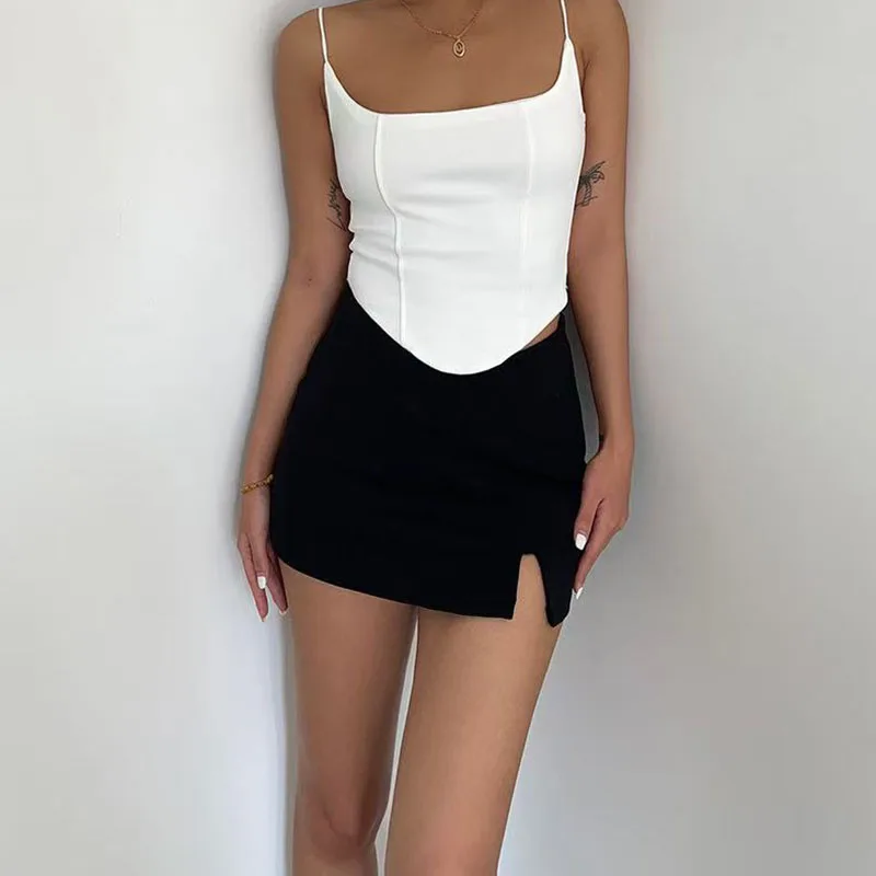 Sexy Split Women Black Shorts Skirt Korean Mid Waist V Neck Slim Ladies Mini Skirts Y2K Fashion Streetwear Casual A Line Skirts