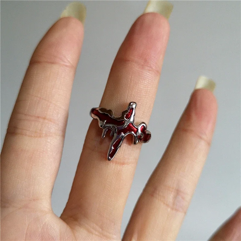 Punk Exaggerated Geometric Black & Red Cross Ring, Gothic Jewelry