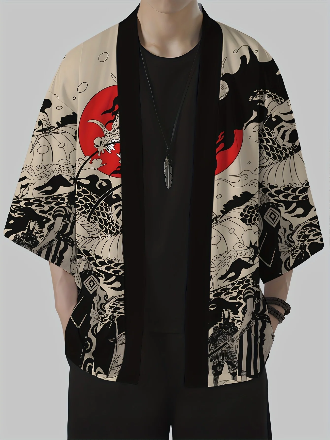 Men's Vintage Dragon Print Loose-Fit Kimono  Casual Summer Beachwear,Open Front, Lightweight Polyester Kimono Style Streetwear