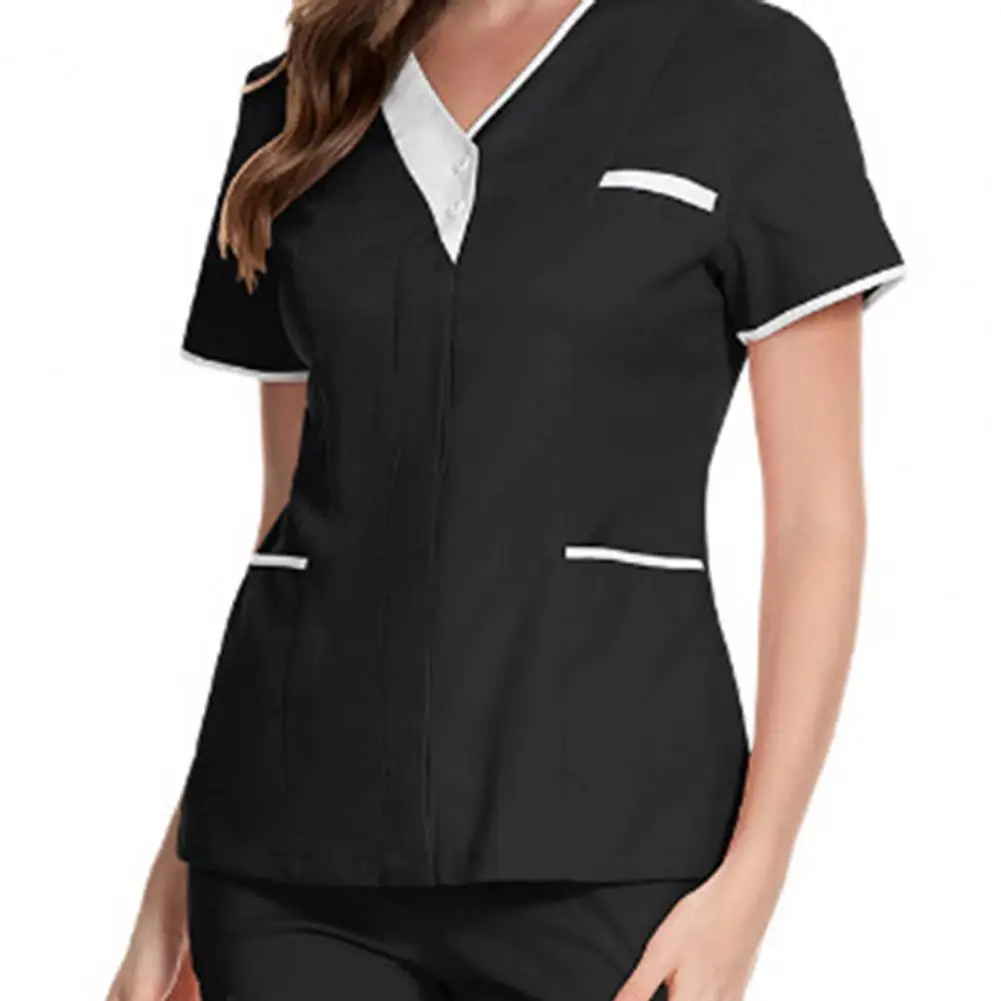 Uniforme da infermiera Scrubs top donna scollo a v tasche a maniche corte tute uniformi Patchwork colore uniforme da infermiera top da lavoro