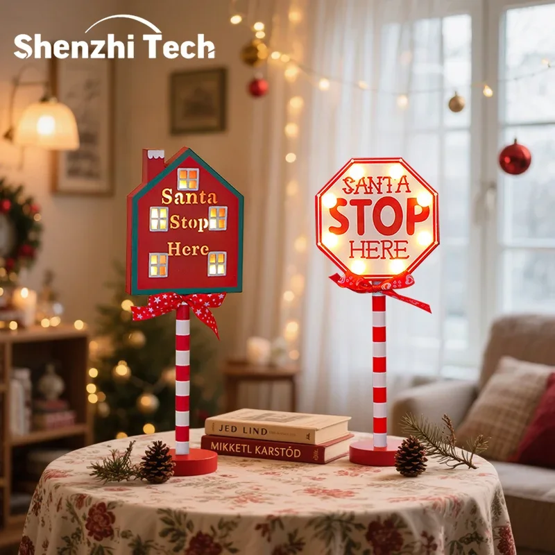 Christmas Santa Stop Here Table Sign Light Wooden LED Desk Ornament Xmas House Octagon Tabletop Decor Home Holiday Indoor Party