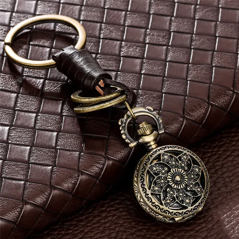 Bronze Pocket Watch Hollow-Out Flower Case Mini Size Pendant Key Ring Quartz Watches for Men Women Arabic Number Display Reloj