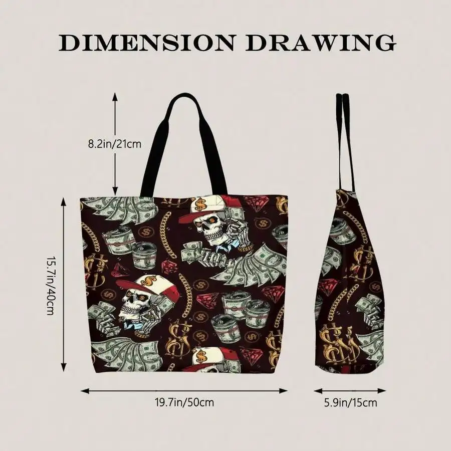 

Skull Money Print Casual Tote Bag Hip Hop Streetwear Shopping Travel Bag For Adults
