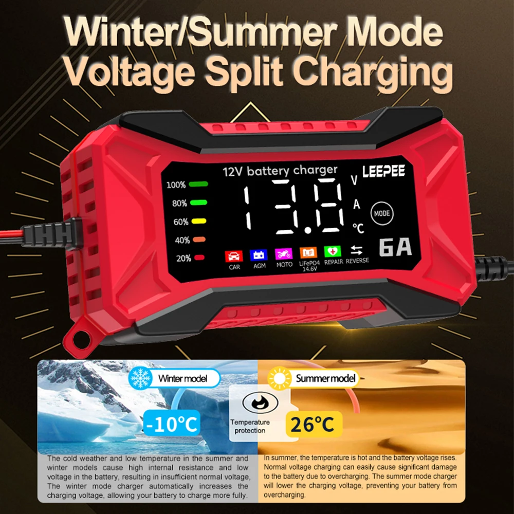 6A 12V Lead Acid Battery Chargers Intelligent Pulse Repair Digital Display Voltage Detection Car Battery Charger 110V-240V Input