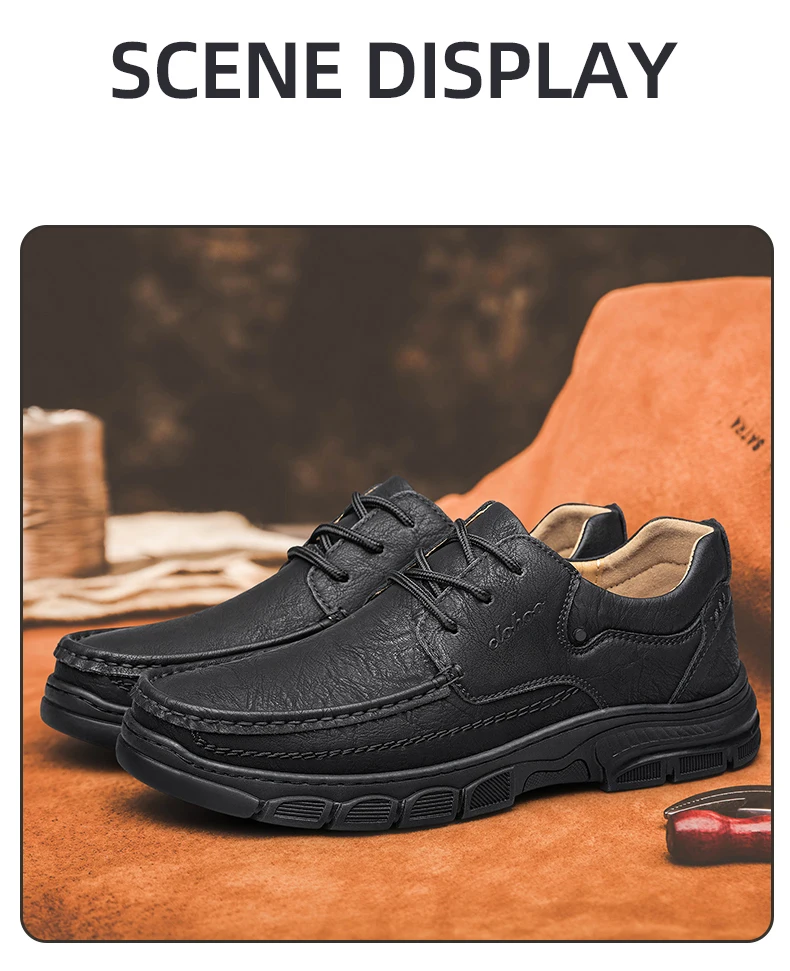 CLOHOO Men's Handmade Thick Rubber Bottom Breathable Casual Leather Shoes Classic Sewn Loafers Comfortable Leisure Footwear