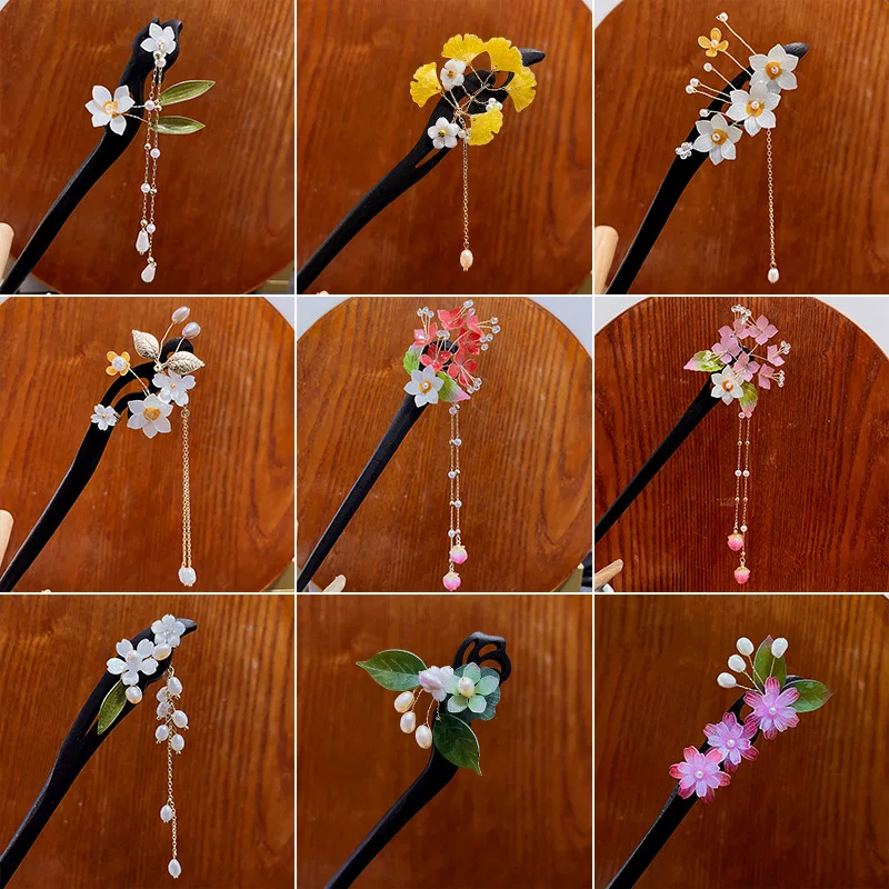 Antique Black Sandalwood Hairpin Exquisite Twisted Hair, Glass Beaded Flower, Flowing Su Step Shake Hairpin Hairpin Accessories