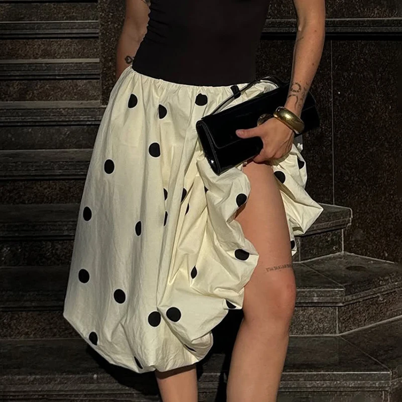 2026 Ladies Temperament Floral Bud Skirts High Street Elastic Waist Loose Half Skirt Polka Dot Printed Pleated Party Long Skirt