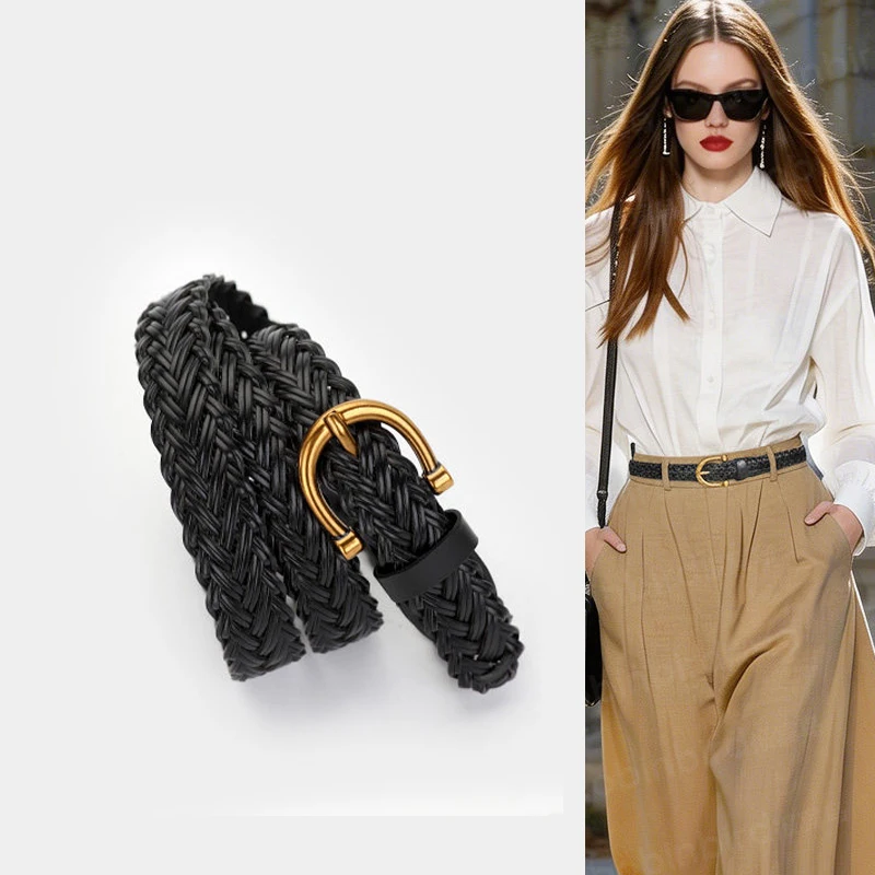 

2026 Women's Braid Leather Belt Casual Skinny Woven Waist with Alloy Buckle Versatile Weave Design Belts for Dresses And Jeans