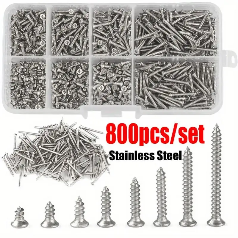 800pcs Self Tapping Wood Screws Set, M2 Flat Head Sheet MetalScrew, Self Tapping Screws Assortment Kit