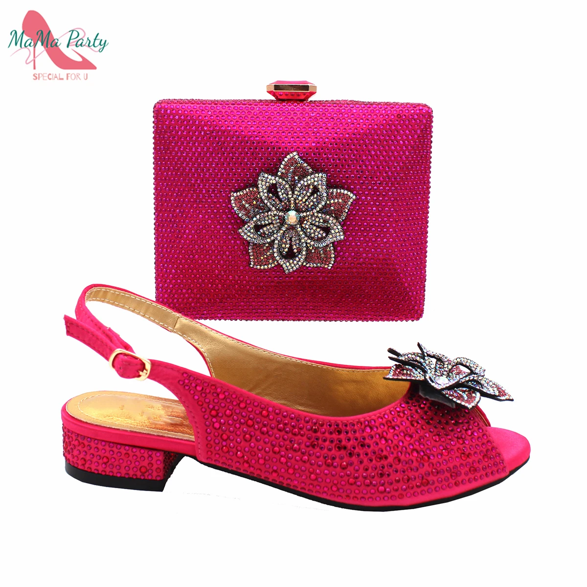 Warna Fuchsia Desain Khusus Gaya Kasual Sepatu Wanita Italia dan Tas Malam dengan Applique untuk Pesta Pernikahan