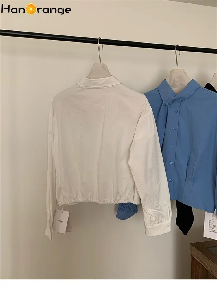 HanOrange 2025 Unique Scarf Collar Irregular Shirt Women Long Sleeve Spring Summer Temperament Top White/Blue/Black