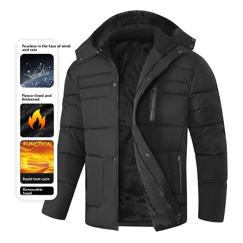 

Thickened Lined Hooded Men's Cotton Jacket Removable Hood Winter Business Warm Outerwear Dad Coat Casual Loose Fit