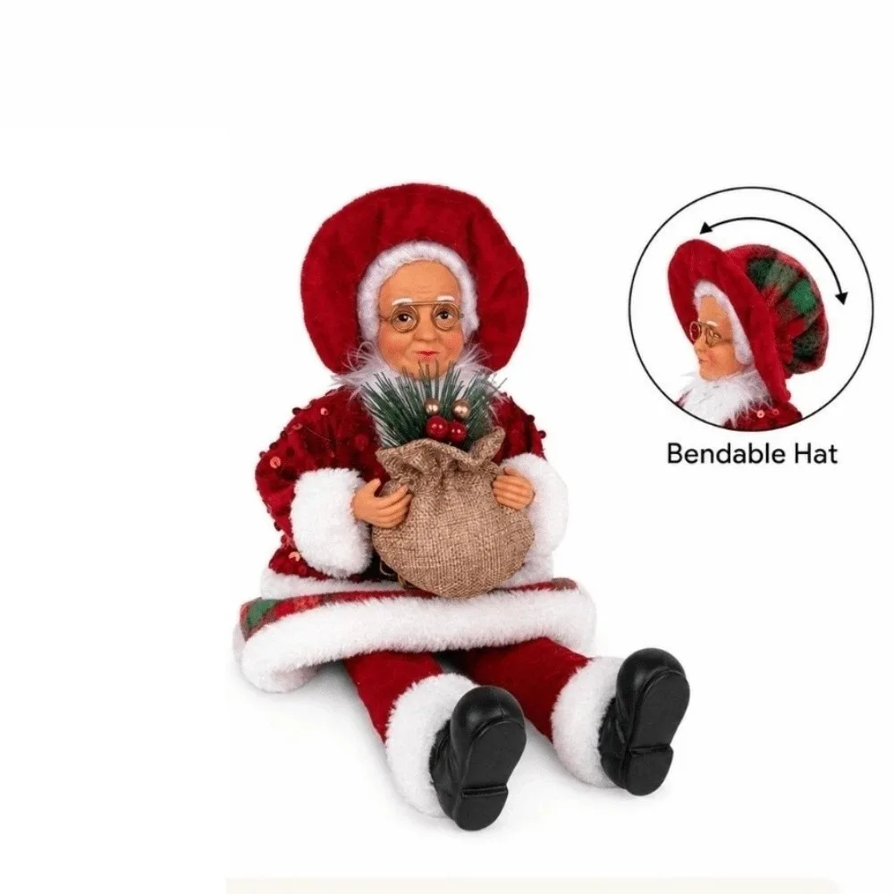 Vintage Standing & Sitting Mrs. Claus Christmas Statue Red Plaid Sequin Felt Xmas Figurine Pine Berry Faux Wool Ornament Home