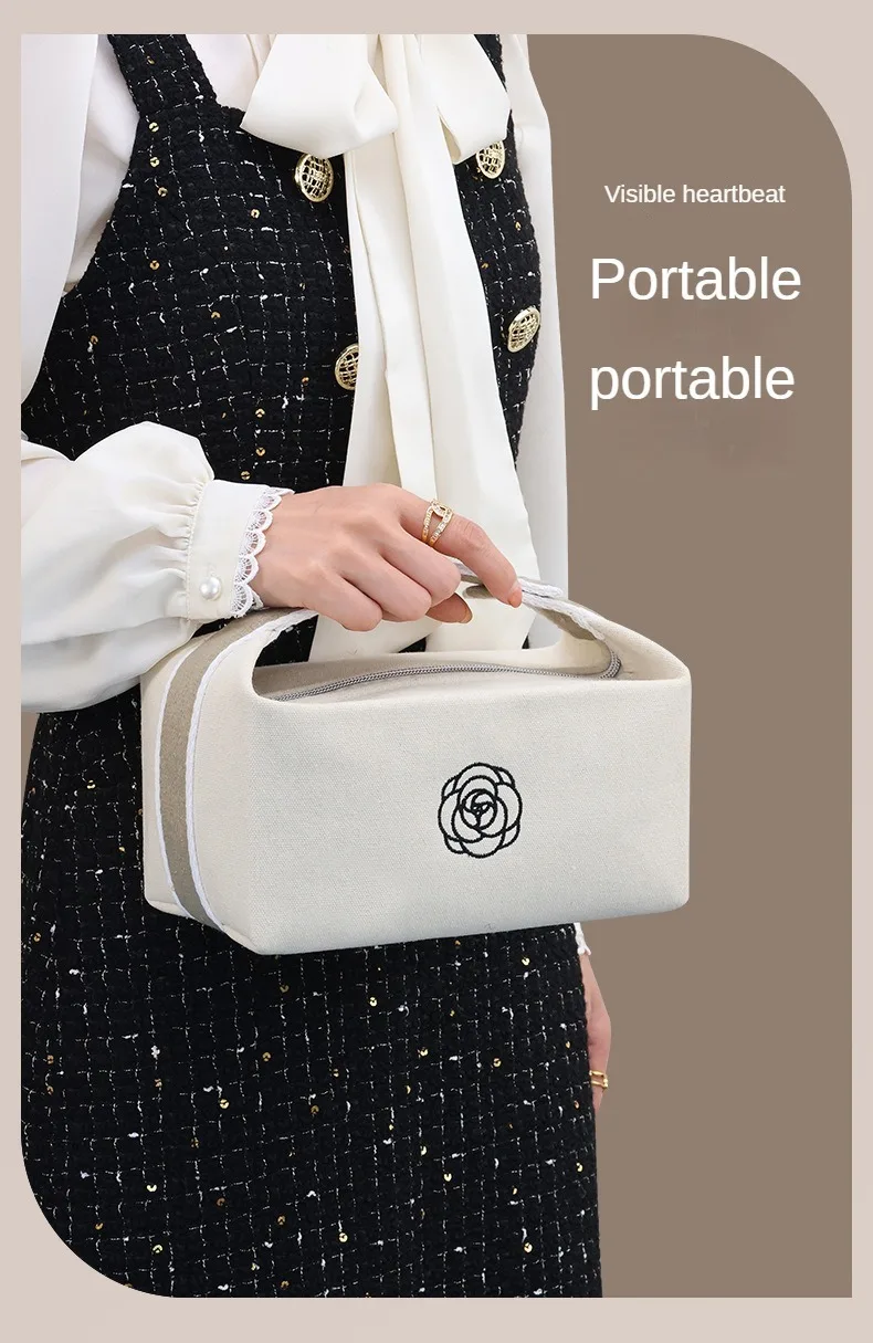 Hochwertige tragbare Make-up-Tasche aus Kamelien-Canvas für Reisen, großes Fassungsvermögen, Aufbewahrungstasche für Toilettenartikel, Kosmetik, Hautpflege – Detail 3
