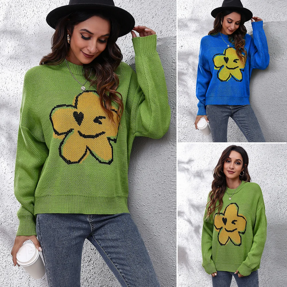 

European and American flower cartoon smiley face color matching off-shoulder knitted sweater women's loose women's dress