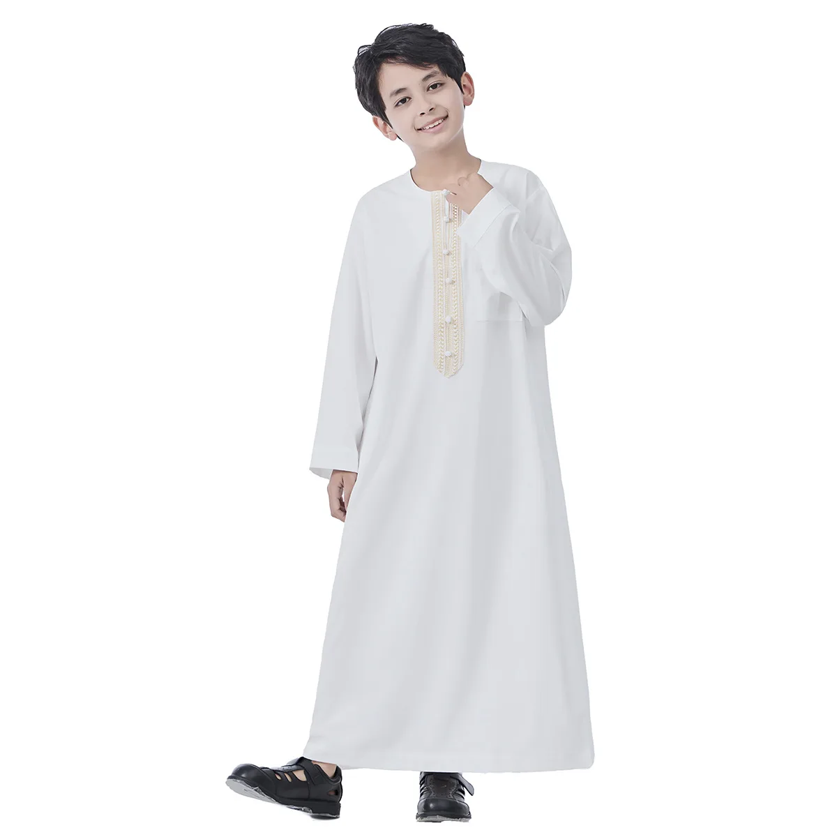 Ramadan Musulmano Bambini Ragazzi Jubba Thobe Button Abaya Arabo Medio Oriente Adolescente Abiti a maniche lunghe Ramadan Daffah Abbigliamento islamico