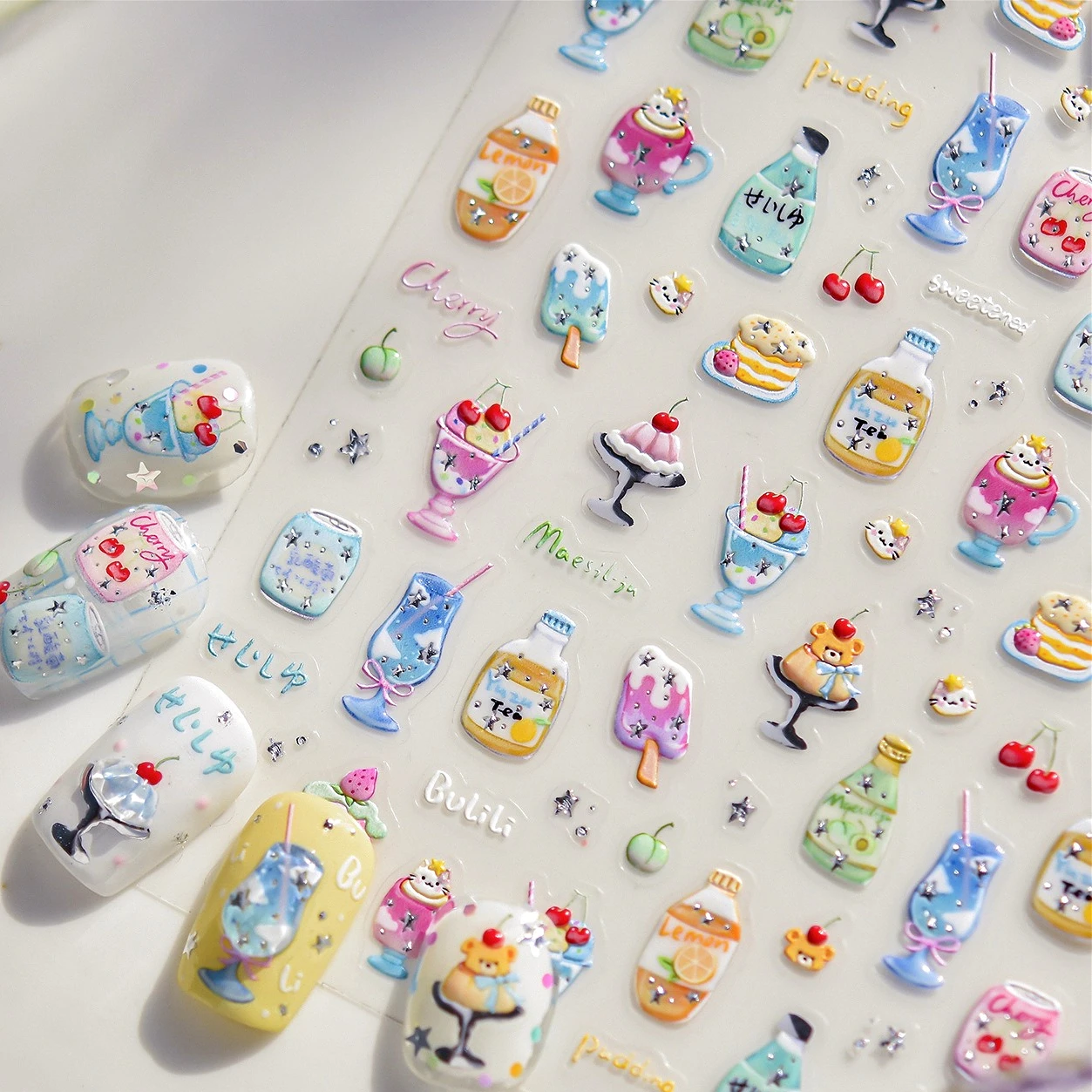 

Soda Fruit Beverage Bottle Bear Watermelon Popsicle Dessert Ice Cream Cat Cherry Strawberry Bow Summer Nail Art Stickers Decals