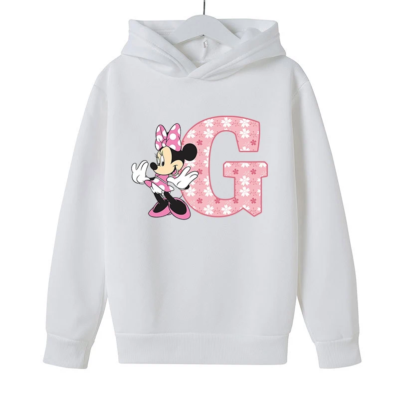 Disney Minnie Mouse Children's Hooded Sweatshirt Girls 26 Letter Print Pullover Anime Cartoon Winter Casual Warm Tops Cute Gifts