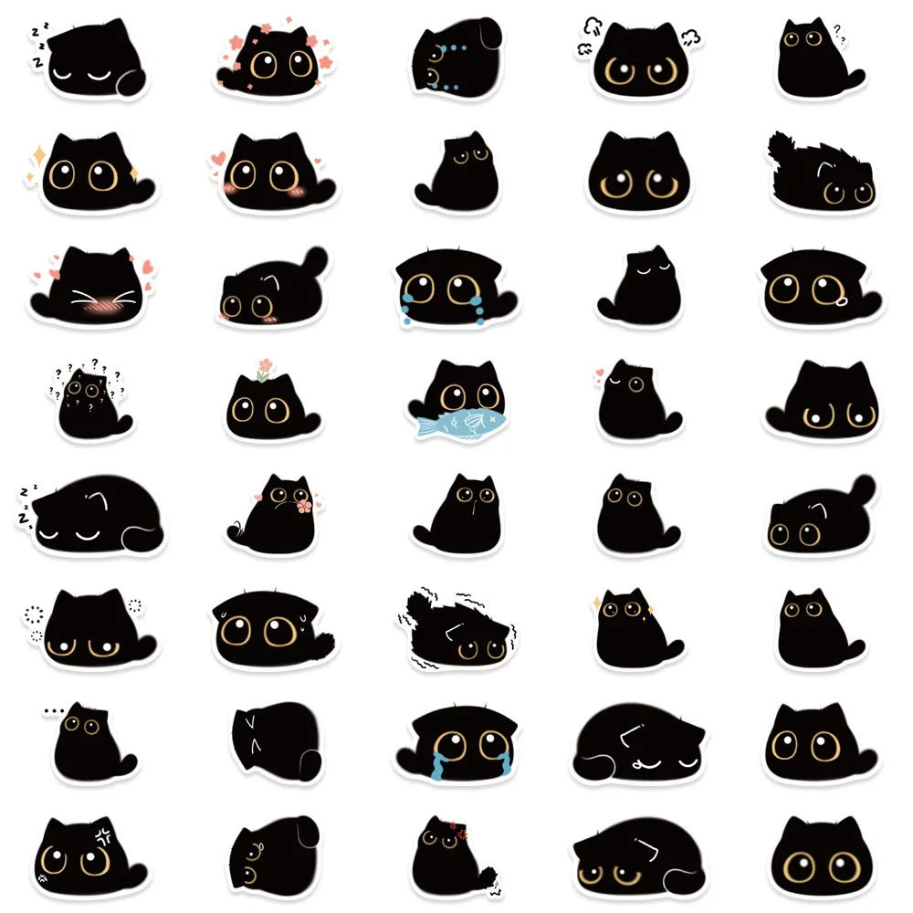 Pegatinas Kawaii de gato negro, calcomanías de dibujos animados para cuaderno, guitarra, portátil, motocicleta, equipaje, grafiti, juguete, 10/30/50/80 piezas