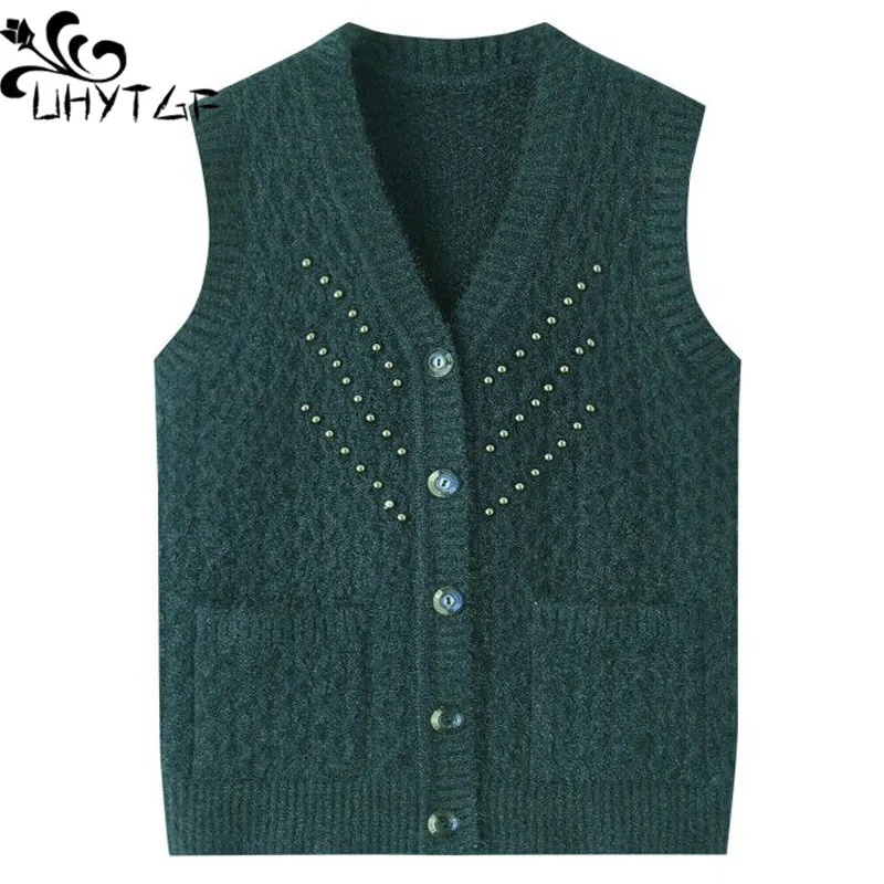 

UHYTGF Sleeveless Sweater Coat Women Spring Autumn Sweater Vest Female Middle-Aged Elderly Knitted Cardigan Waistcoat Ladies1830