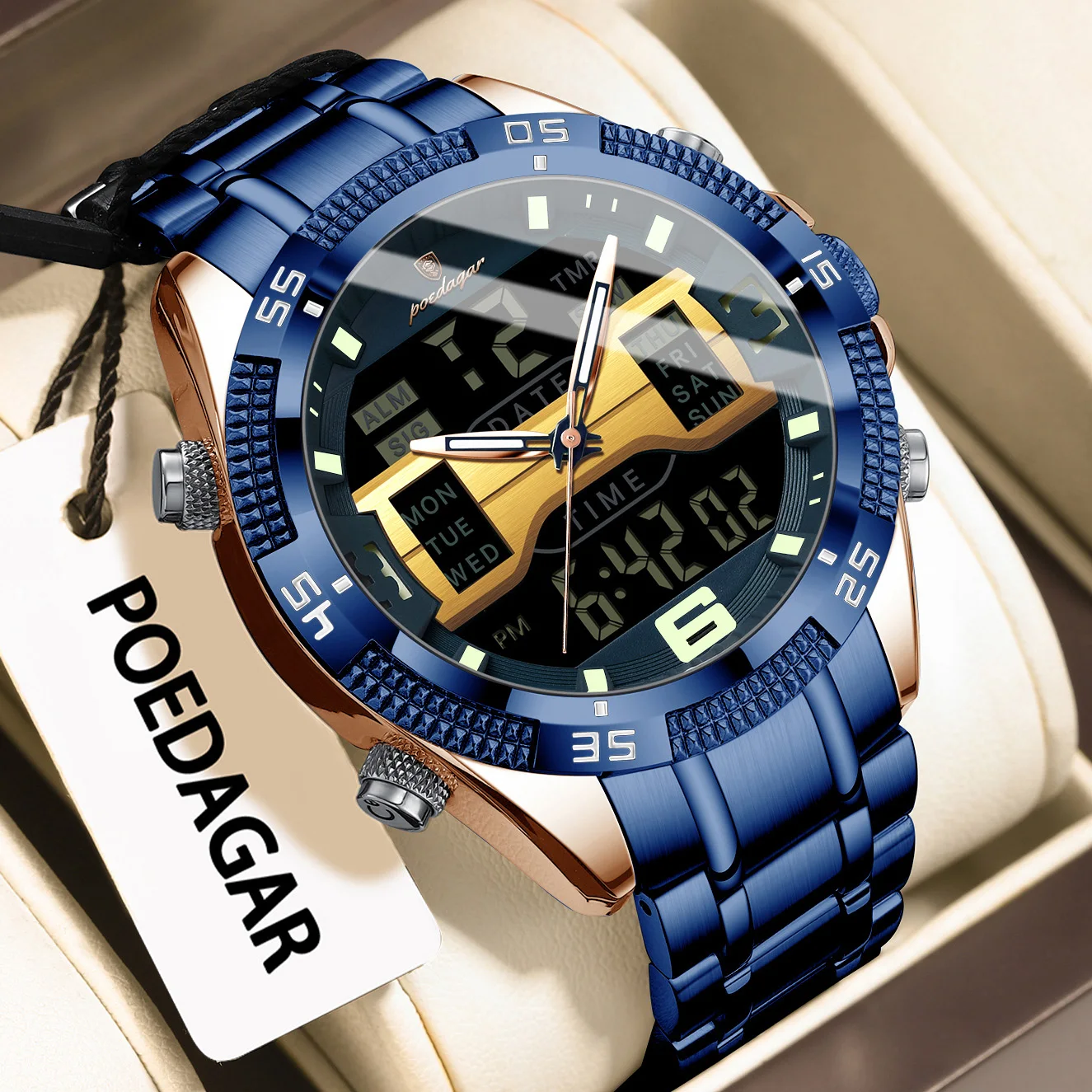 POEDAGAR Luxury Man Watch Waterproof LED Week Date Stainless Steel Quartz Watch Sports Digital Electronic Fashion Men's Watches