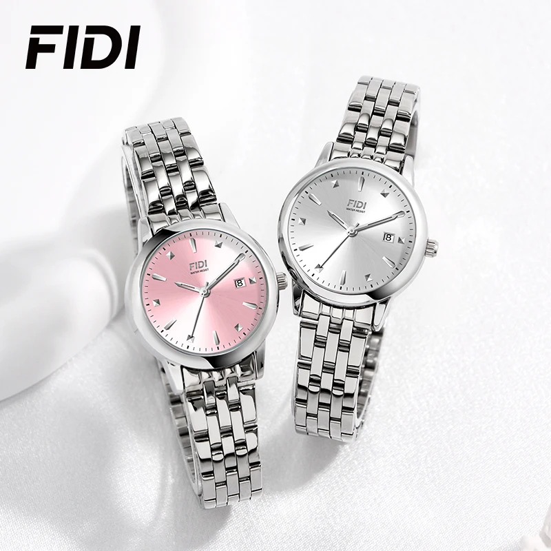 FIDI Elegant Ladies Quartz Watch Silver Metal Strap Waterproof Date Function Luxury Dress Wrist Watch for Women Gift