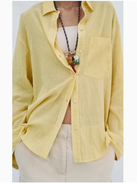 

Spring 2025 New Arrival Women's Casual Striped Long Sve Cotton irt Loose Fit Anti-Uv Collar Pure Cotton Commute Wear