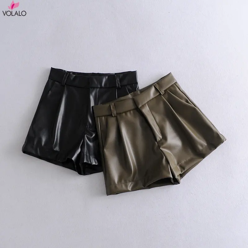 VOLALO Women Chic Fashion Side Pockets Faux Leather Shorts Vintage High Waist Zipper Fly Female Short Pants Mujer