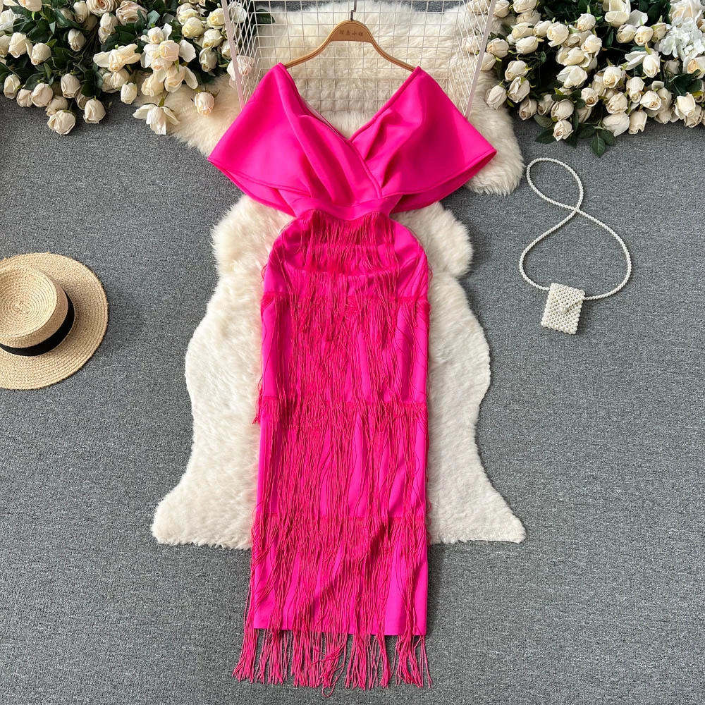 

Spring Autumn Tassel Splicing V-neck Evening Dress Women's Ruffles Short Sleeve Hip Wrapped Party Elegant Clothes Vestidos H933