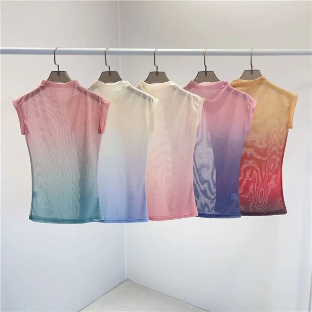 

Elegant Dance Top Non Sleeve Middle Collar Transparent Mesh Top Soft Gradient Modern Dance Costume Yoga Dancing Training