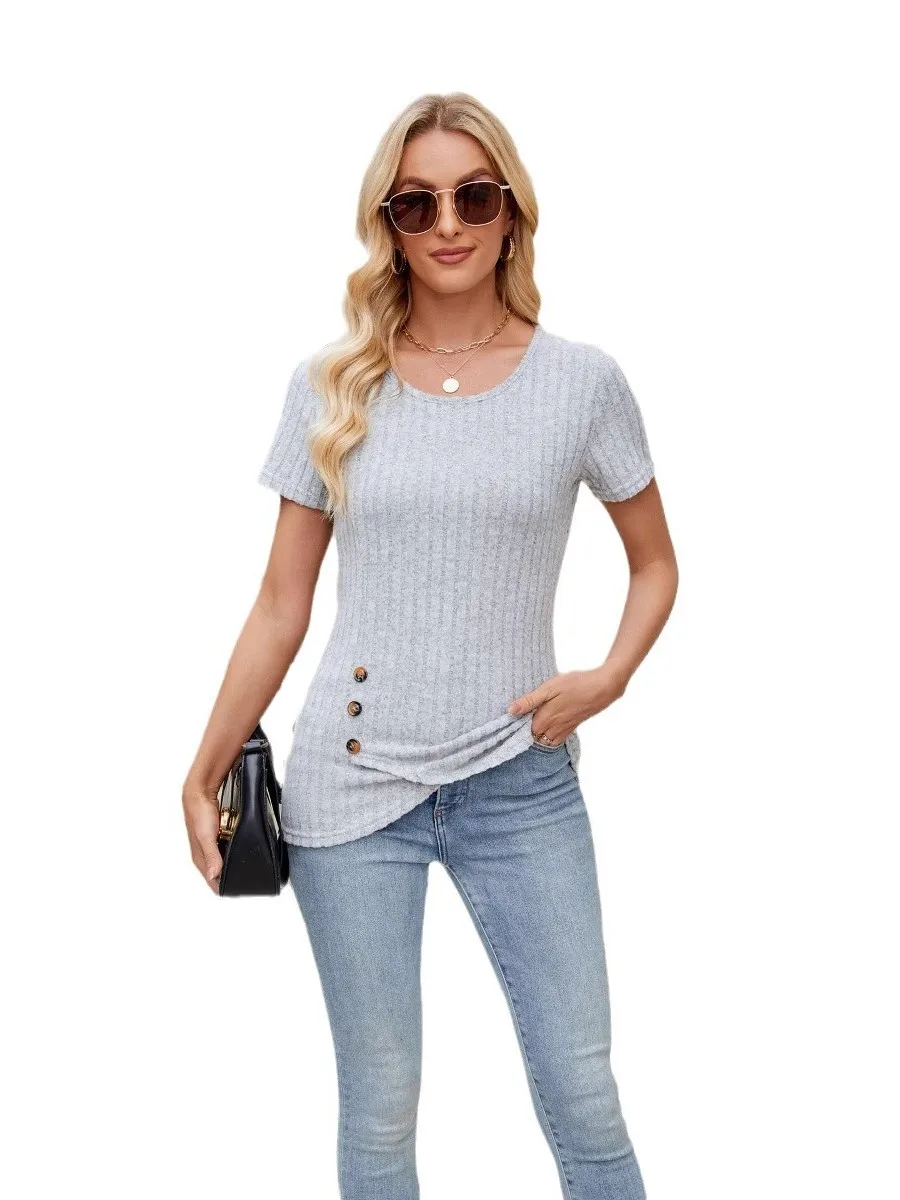 

Women's Casual Loose Fit ort Sve irt Button Pleated Top round Ne Other Material00% Summer Faion Ladies' T-irt