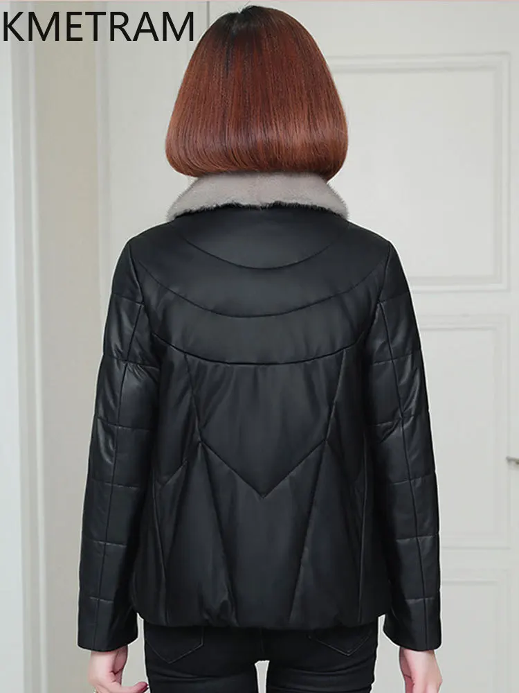 100% シープスキンダウンコート女性本革ショートフグジャケットミンクの毛皮の襟 2025 冬服女性 пуховик