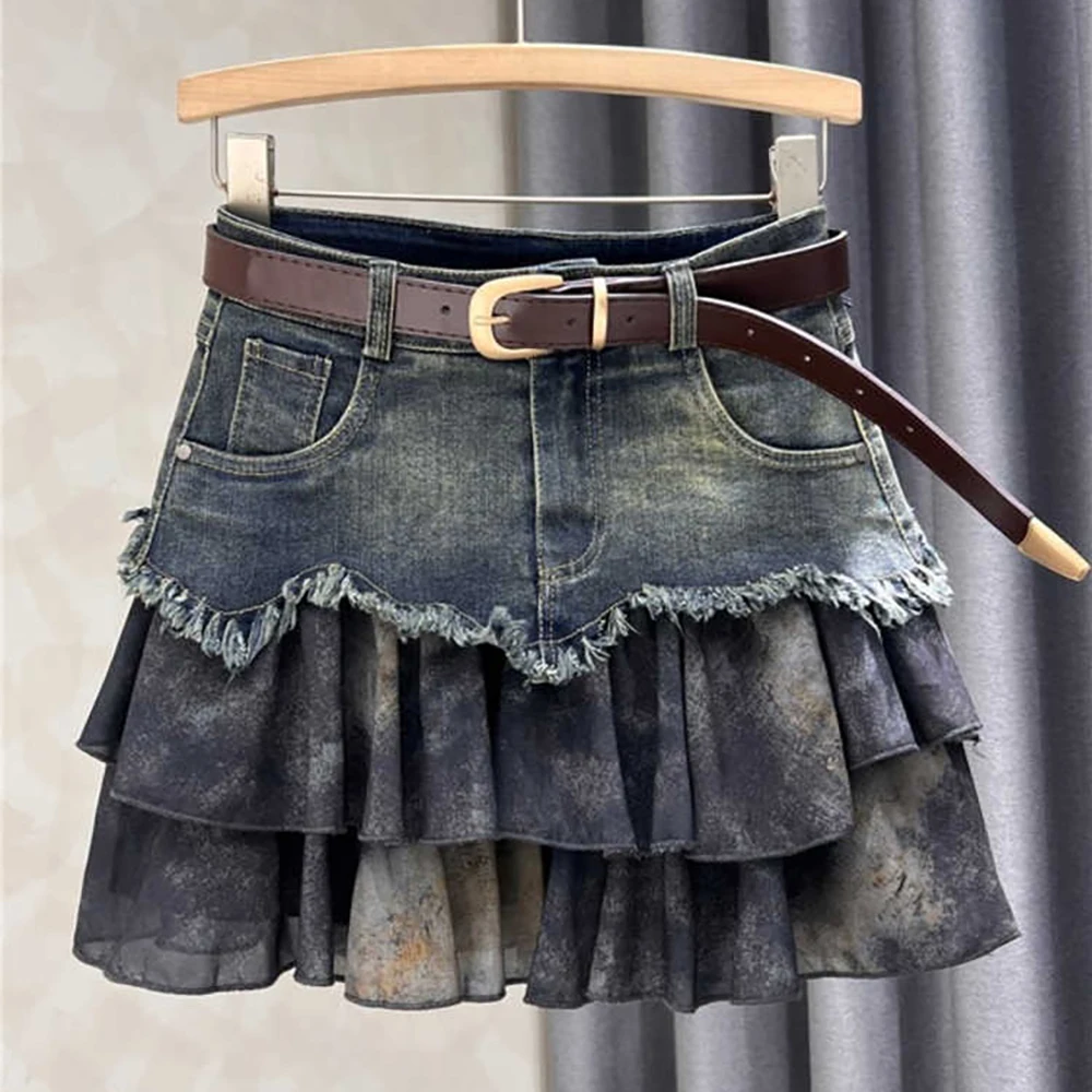 Denim Patchwork Layered Skirt for Women Summer American Style High Waist Spicy Girl Slim A-line Skirts Easy Match Mini Skirt
