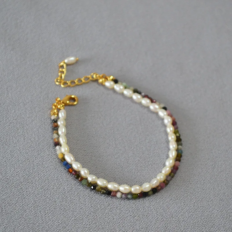 بيان جديد اليابانية والكورية لؤلؤ المياه العذبة الطازجة لؤلؤ المياه العذبة اللون التورمالين الحجر الحقيقي مطرز طبقة مزدوجة مكدسة سوار