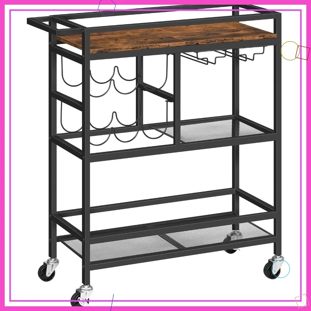 

3-Tier Rolling Bar Cart with Wheels, Wine Rack & Glass Holders for Kitchen, Dining Room in Rustic Brown