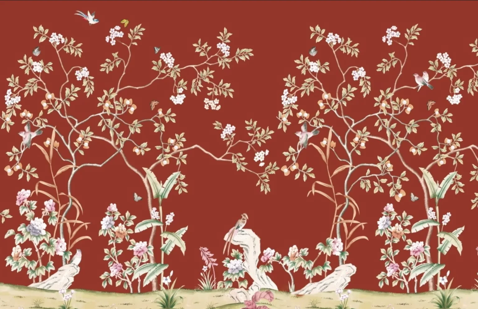 Custom sized mural featuring Chinese flowers, birds, branches, red background, living room, bedroom, flowers, leaves, wallpaper