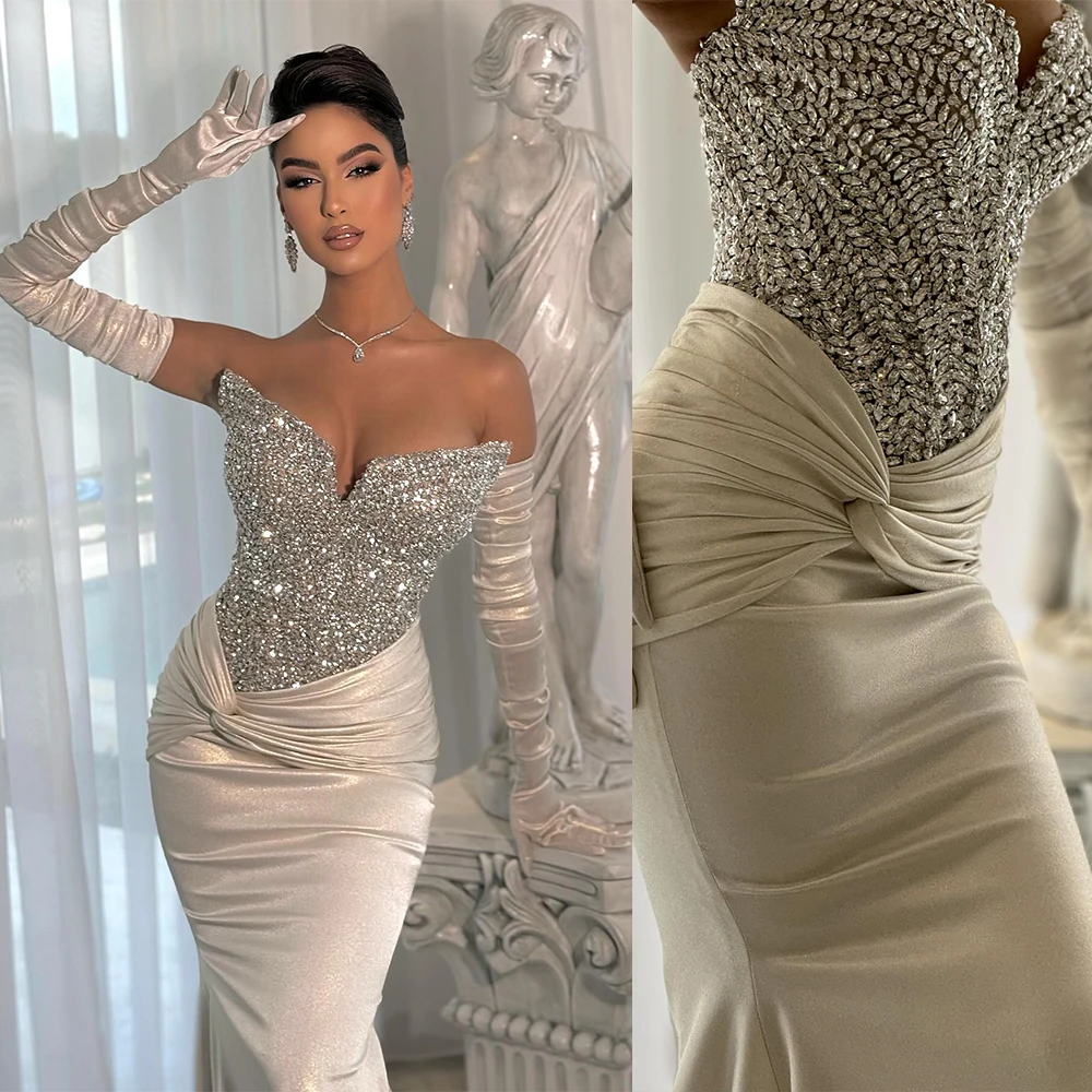 Sexy Mermaid Evening Gowns Crystal Beaded Sweetheart Sweep Train Fprmal Party Dressses Customized Engagement Prom Dress