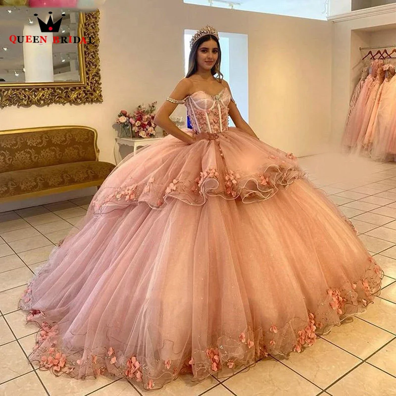 

2023 розовые платья Quinceanera с открытыми плечами, Тюлевое милое платье с аппликацией, искусственное кружево, бальное платье принцессы VF40