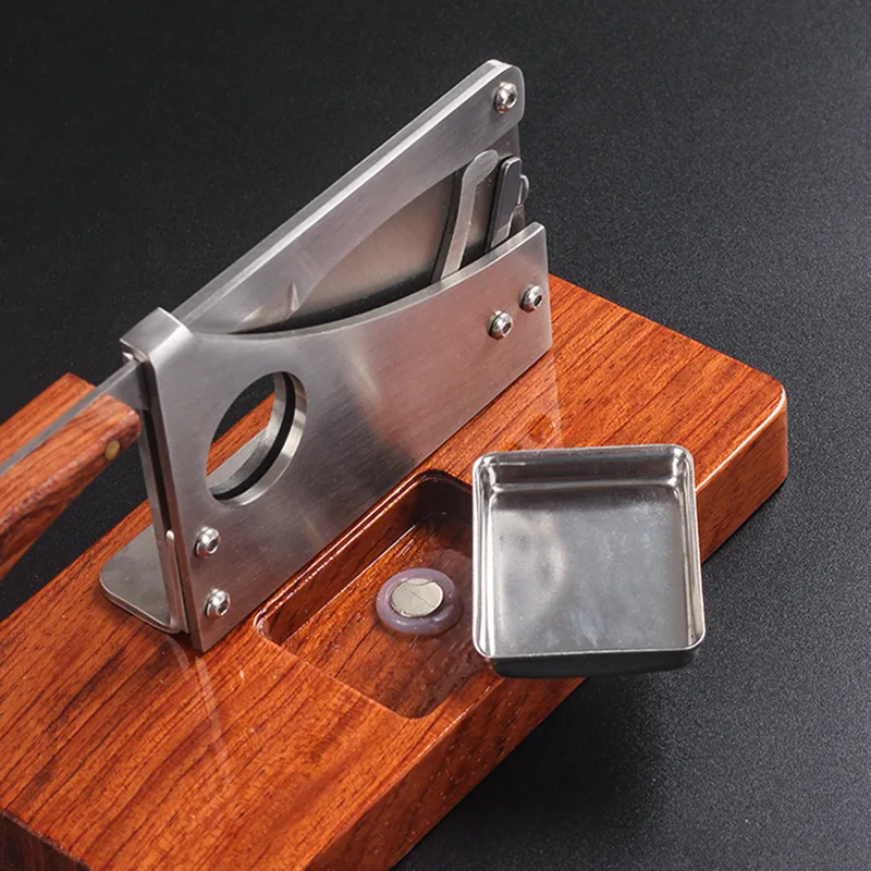 Stainless Steel Cigar Cutter Sharp Blade Solid Wood Desktop Cigar Cutter with Cigar Caps Trays Luxury Puro Scissors Living Room