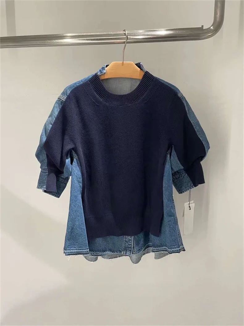 2023 Frühling neue Pullover All-Match-Pullover Top Mode Denim Nähte Kurzarm Pullover Frauen