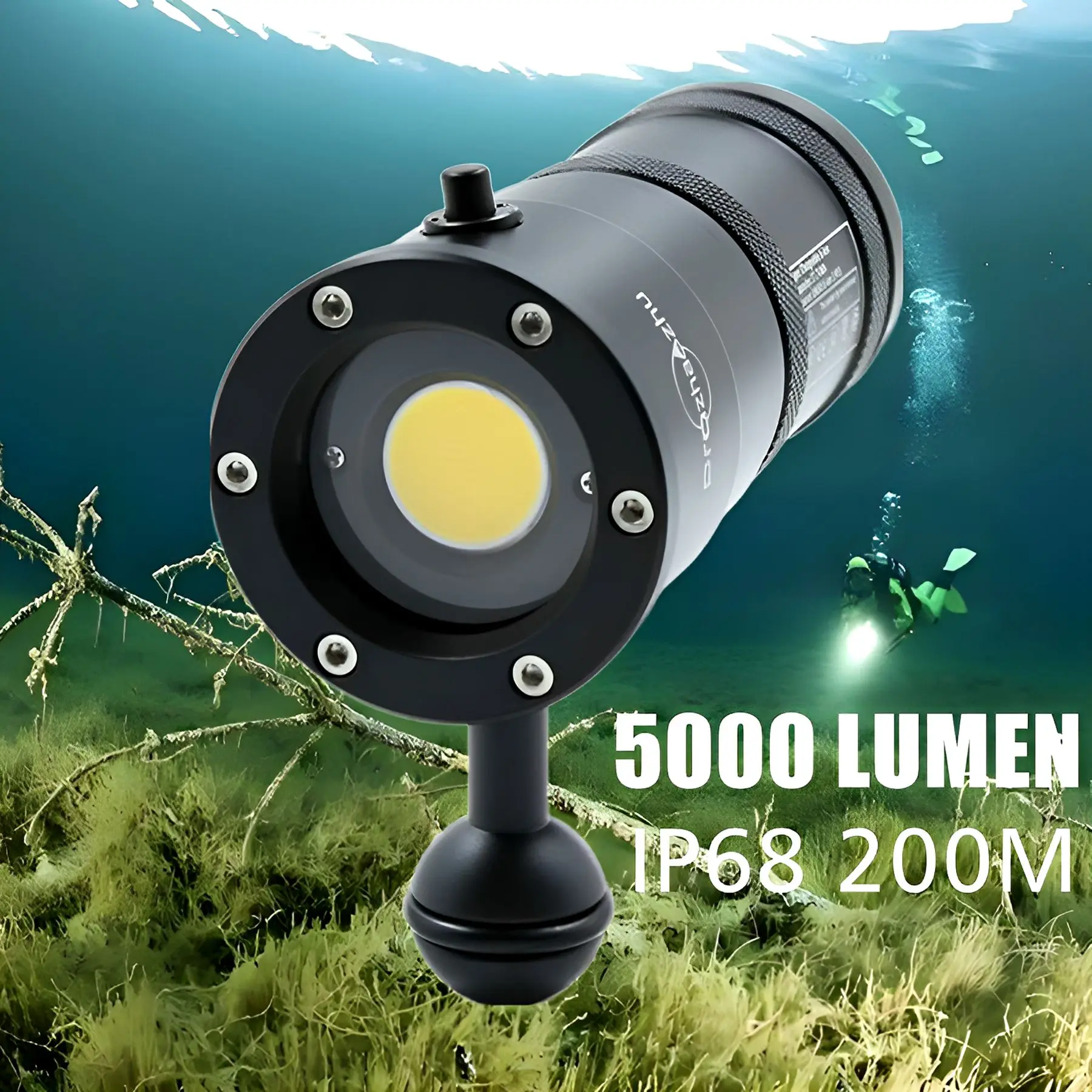 5000 루멘 COB 알루미늄 합금 충전식 비디오 다이빙 조명 IP68 200M 깊이 광각 다이빙 램프