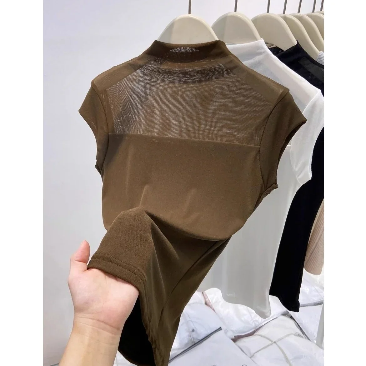 

Lace Me ort Sve T-irt Women Summer 2025 New f High Collar Sexy Hollow out Slimming Base irt Inner Wear Top