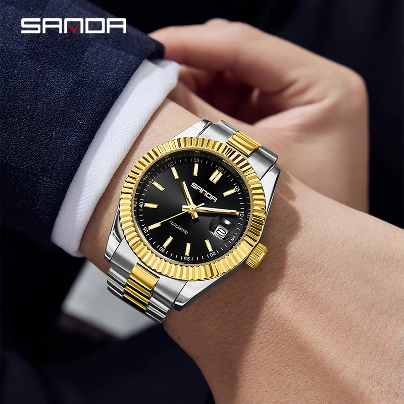 SANDA 5601 클래식 남성용 자동 기계식 시계 비즈니스 솔리드 스틸 벨트 시계 방수 야간 조명 달력 캐주얼 시계