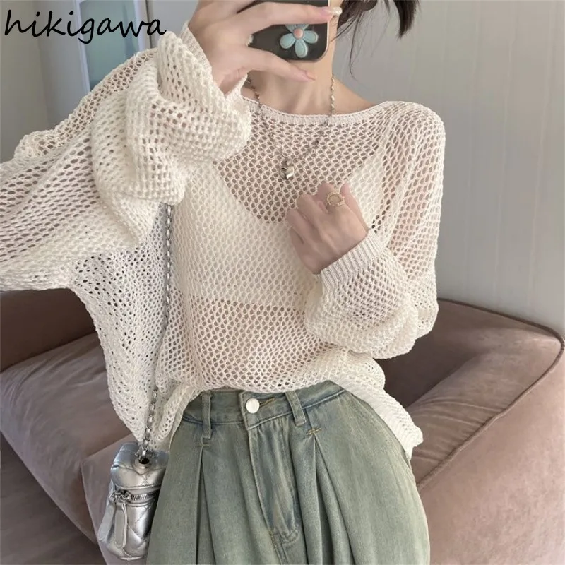 Knitting Thin Pullovers Women Clothing Long Sleeve Slash Neck Jumper Beading Backless See Through Y2k Sweater Tops Sueter Mujer