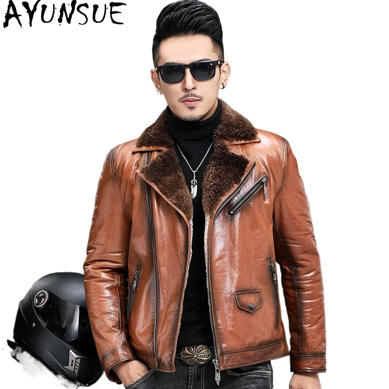 AYUNSUE Genuine Leather Jackets Cowhide Winter Men's Leather Jacket Warm Wool Liner Leather Jacket Кожаная Куртка Мужская