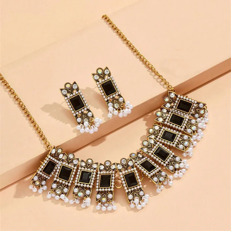 Kymyad Ethnic Geometric Glasses Beads Chunky Necklace Earrings For Women Vintage Simulated Pearl Beads Decoration Jewelry Sets