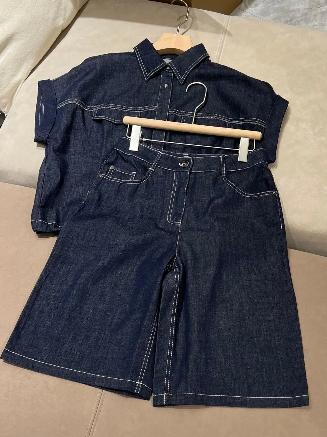 

Short sleeved high waist wide leg five quarter pants slimming versatile set retro denim blue versatile