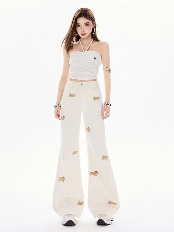 

Cartoon Doll High Waist Denim Pants Women's Spring 2026 Elastic Wide Leg Flared Slimming Loose Casual Trousers